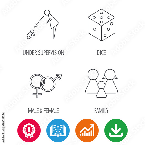 Male, female, dice and family icons. Under supervision linear sign. Award medal, growth chart and opened book web icons. Download arrow. Vector