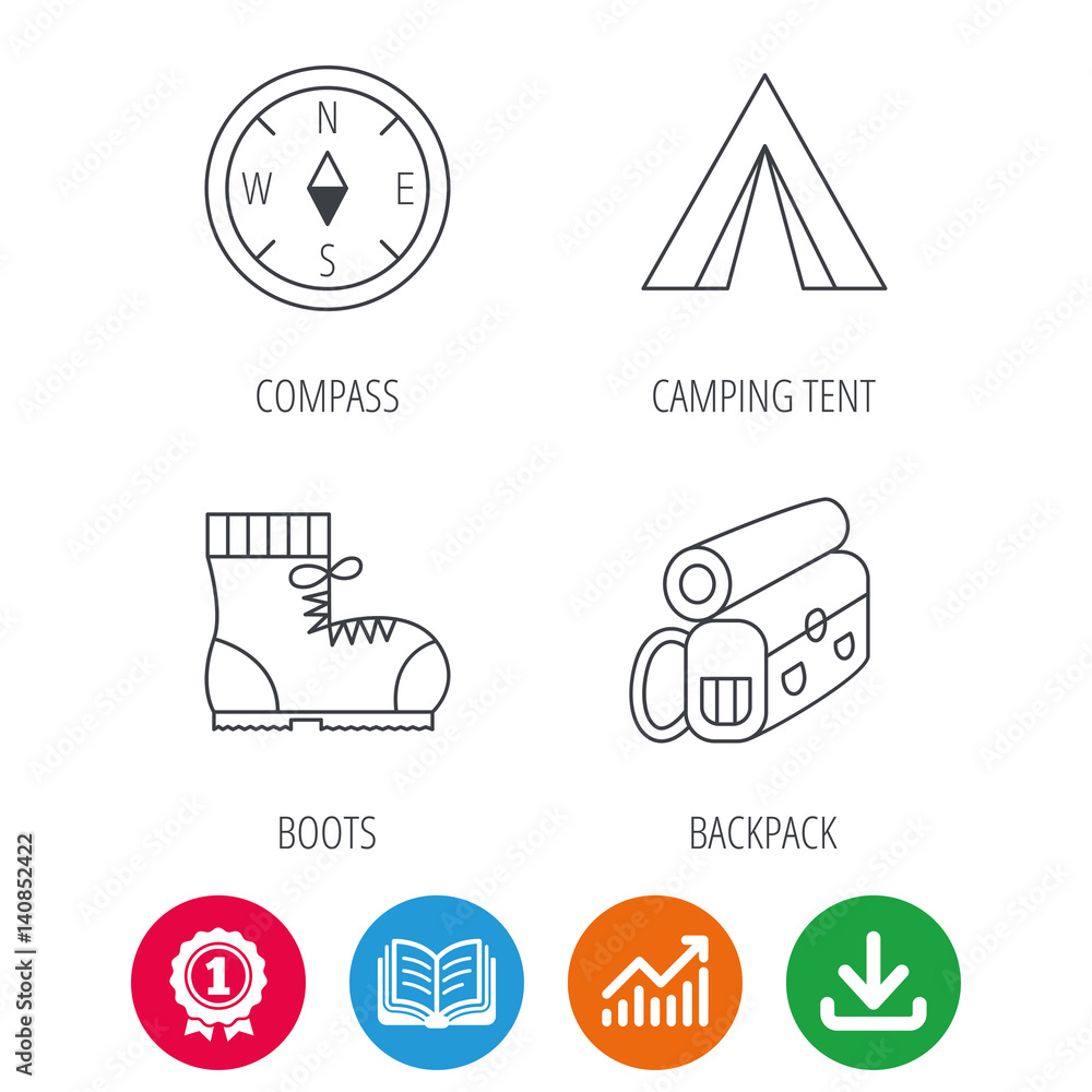 Fototapeta premium Backpack, camping tent and compass icons. Boots linear sign. Award medal, growth chart and opened book web icons. Download arrow. Vector