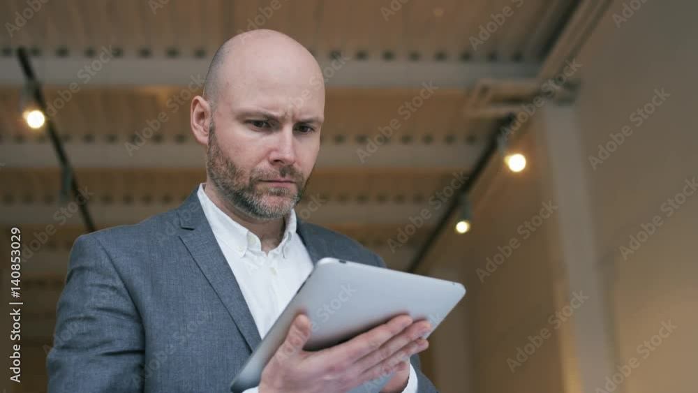 Middle-Aged Bald Businessman Using a Tablet Computer Middle-Aged Bald Businessman Using a Tablet Computer
