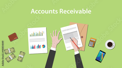 Accounts receivable illustration with a man writing on paperwork with money, calculator and folder document on top of table photo