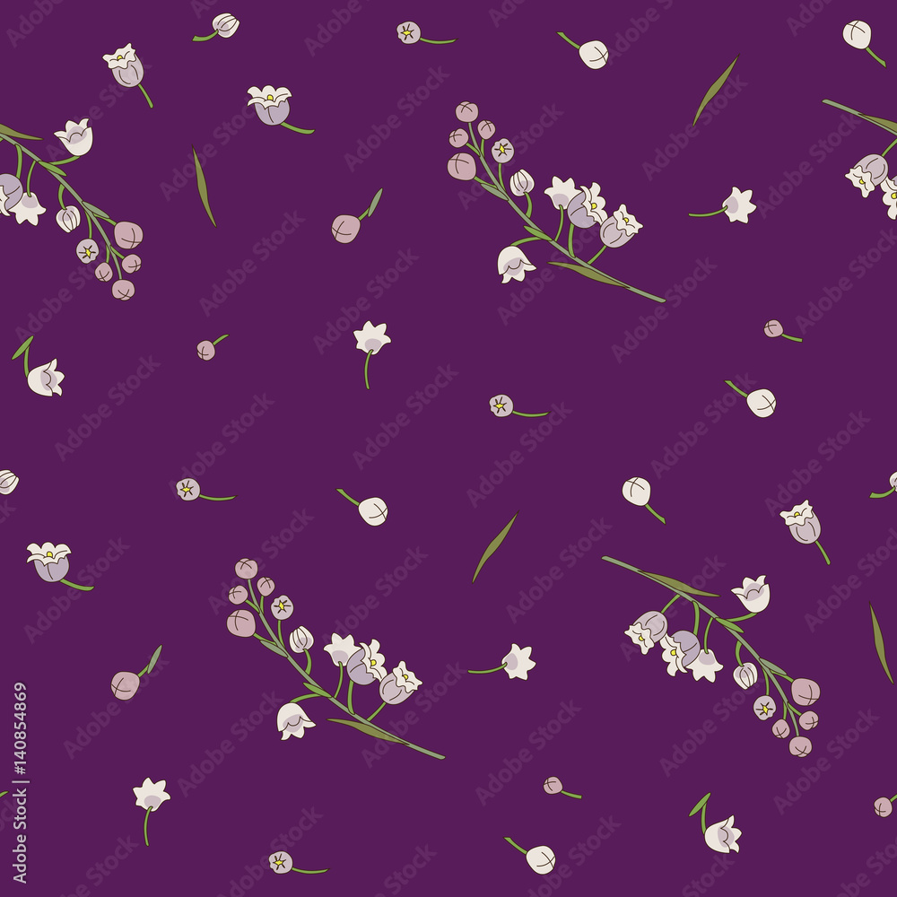 Elegant vector floral seamless pattern. Background for textile or book covers, manufacturing, wallpapers, print, gift wrap. Lily of the valley flowers on a violet background