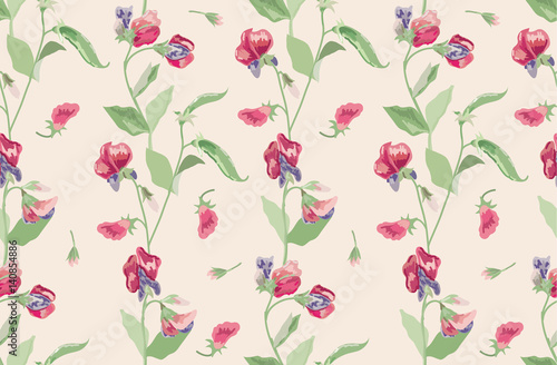 Floral seamless pattern in country style. Background for textile or book covers, manufacturing, wallpapers, print, gift wrap and scrapbooking. Flowers of sweet peas on a beige background