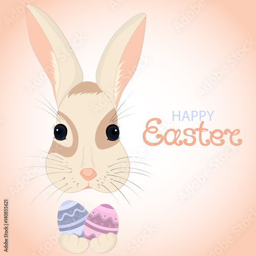 Easter bunny keeps paschal eggs in rabbits paws. Greeting card for the Resurrection of Christ
