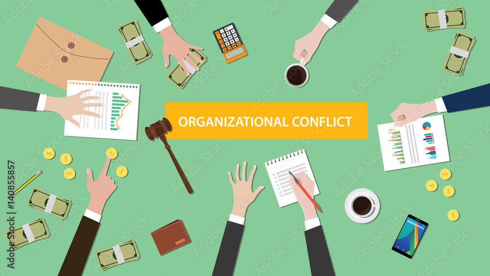 organizational conflict situation illustration with people discuss in a meeting with paperworks, money and folder document on top of table - obrazy, fototapety, plakaty 