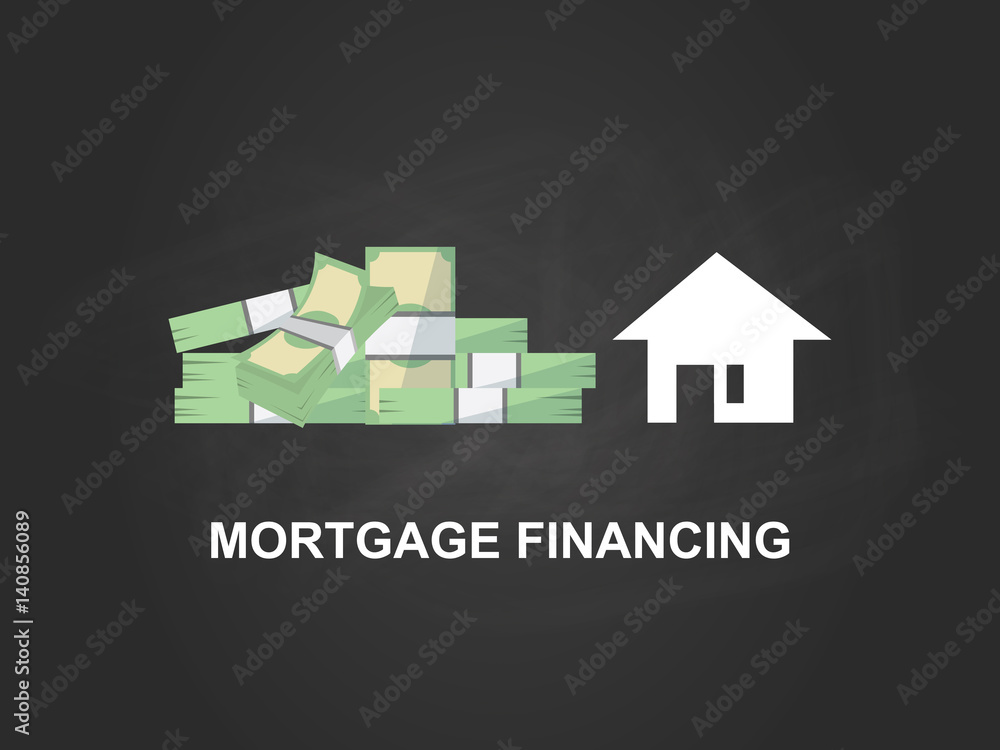 Mortgage financing white text illustration with a white house silhouette, heap of money and black background