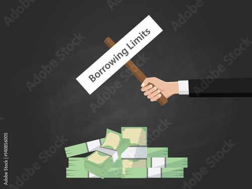 Borrowing limit text on a board near with heap of money and black background