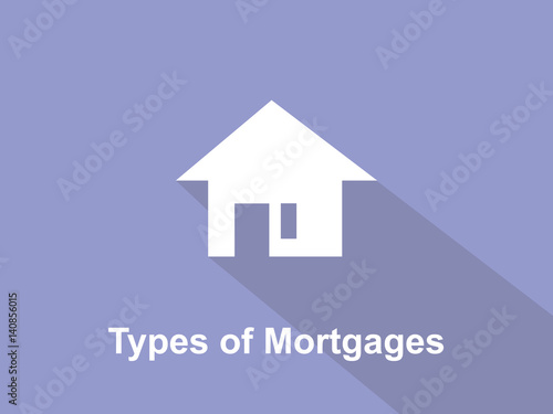 Types of mortgages white text illustration with white house silhouette and purple background