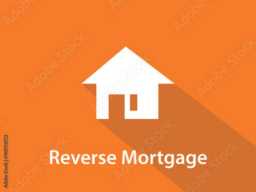 Reverse mortgage white text illustration with white house silhouette and orange background