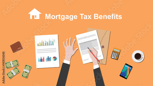 illustration of people counting Mortgage tax benefit on a paperwork with money, folder document on top of table