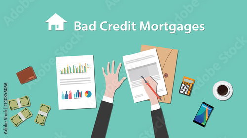illustration of people writing about bad credit mortgage on a paperwork with money, folder document on top of table