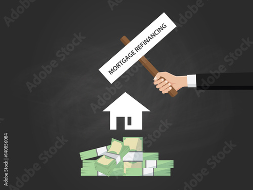 Mortgage refinancing text on a board near with heap of money , white house silhouette and black background