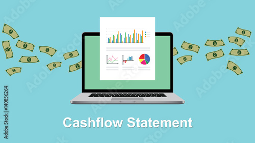 cashflow statement illustration with laptop and money and paperwork graph and chart flowing photo