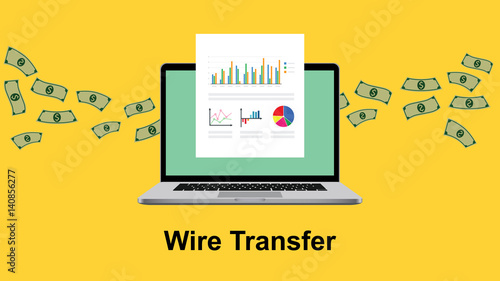 wire transfer illustration with paperwork in front of laptop screen and flying money as background