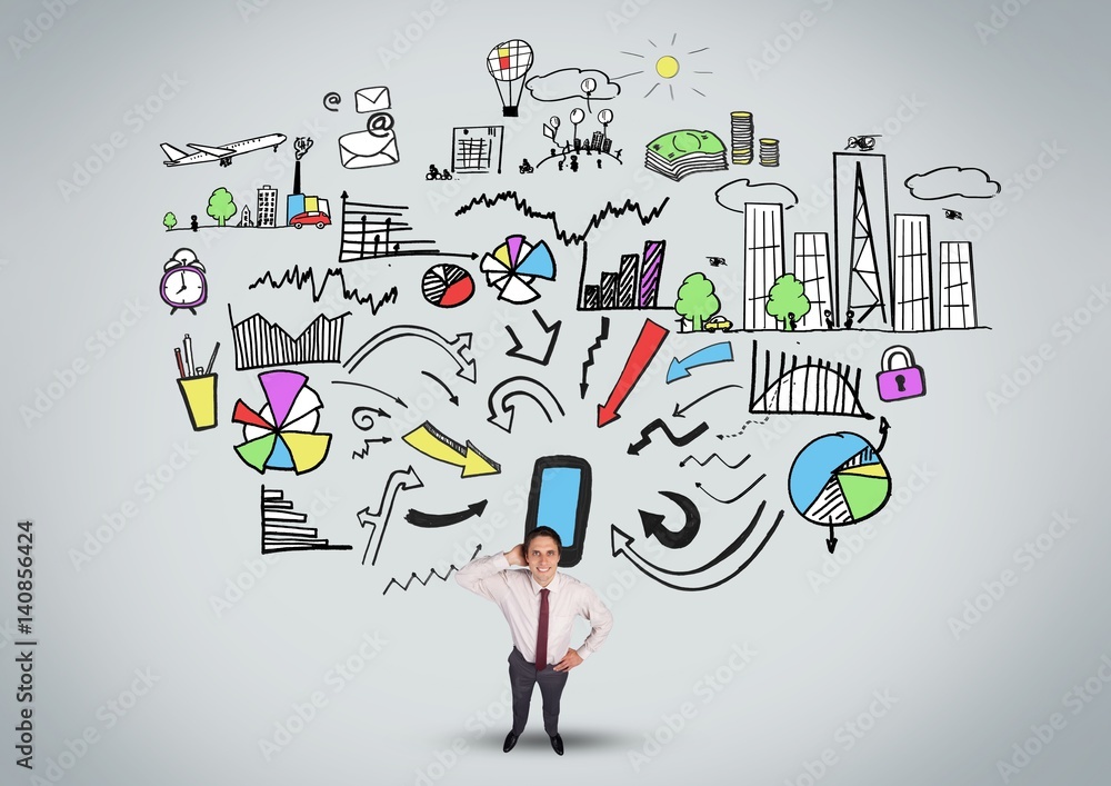 Businessman standing on business graphics concept Businessman standing on business graphics concept