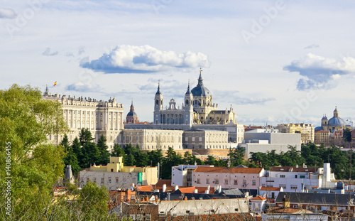 Panoramic view to Santa Maria la Real de La Almudena cathedral and Royal Palace in Madrid, Spain