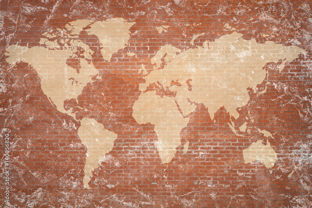 Fototapeta White world map on brick texture