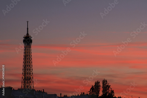 The sun setting behind the Eiffel Tower