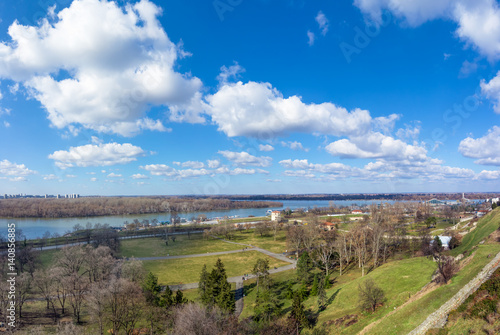 The confluence of Danube and Sava rivers in Belgrade  Serbia  as seen from the Kalemegdan fortress 