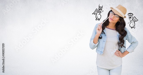 Fotografi Confused woman between good and bad conscience
