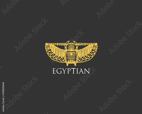 Egyptian logo with Scarab beetle symbol of ancient civilization vintage, engraved hand drawn in sketch or wood cut style, old looking retro insect
