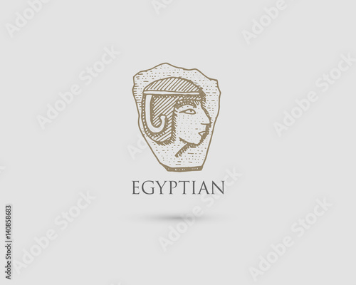 Egyptian pharaon logo with symbol of ancient civilization vintage, engraved hand drawn in sketch or wood cut style, old looking retro