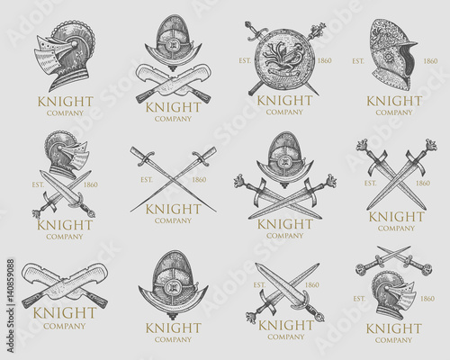 Set of monochrome knights emblems, badges, labels and logos medieval helmet, swords, mace, daggers shield antique vintage symbol , engraved hand drawn in sketch or wood cut style, old looking retro