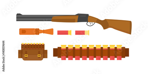 Set of vintage hunting symbols camping objects design elements flat style hunter weapons and forest wild other outfit isolated vector illustration.