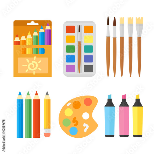 Colored engineering paints and pencils vector illustration simple equipment school supplies subject secretarial tools pastel vertical color education sign.