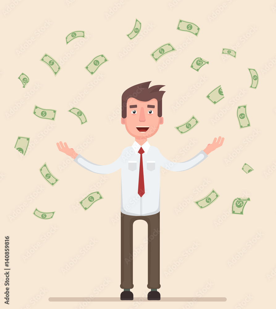 Happy man enjoying the rain of money Happy man enjoying the rain of money