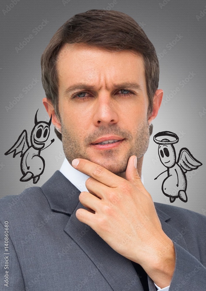 Thoughtful businessman between good and bad conscience Stock-Foto ...