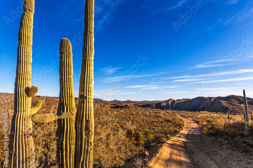Rough dirt road through Table Mesa recreation area and Bradshaw Mountains in the Arizona desert north of Phoenix late on a Winter afternoon