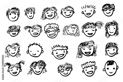 Children with Happy Face, simple vector hand draw sketch