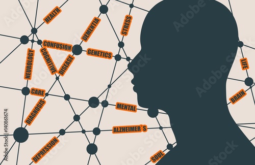 Tags cloud.. Mental health relative vector brochure, report or flyer design template. Scientific medical designs. Molecule And Communication Background. Connected lines with dots. Alzheimers theme