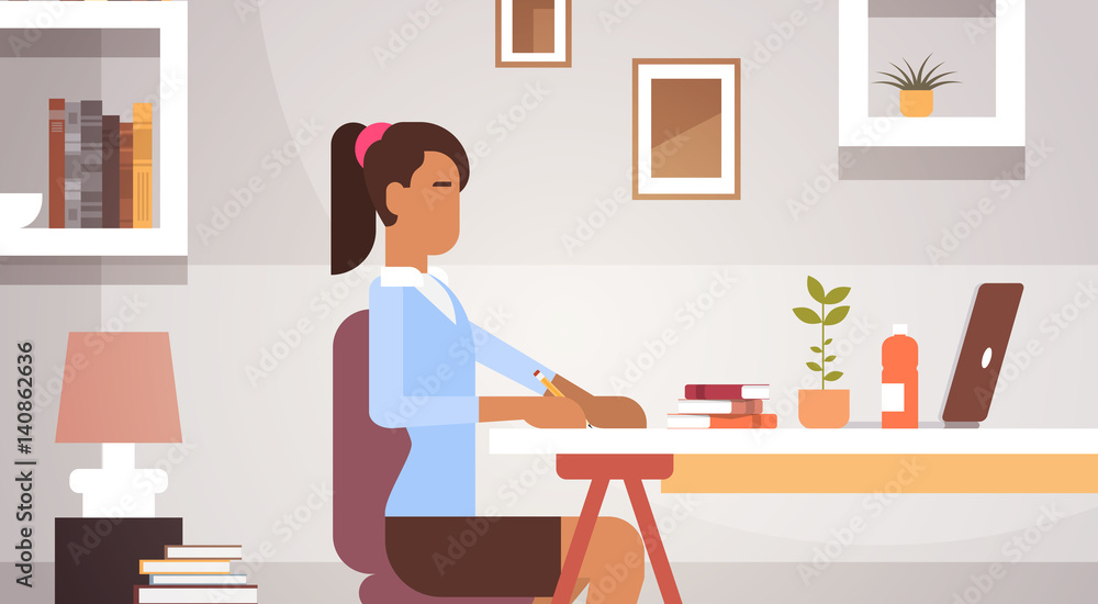 Indian Business Woman Sitting Desk Working Businesswoman Office Flat Vector Illustration