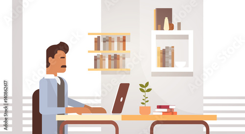 Indian Business Man Sitting Desk Working Laptop Computer Businessman Office Flat Vector Illustration