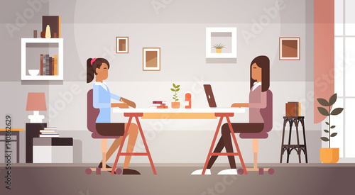 Two Indian Business Woman Sitting Desk Working Laptop Computer Businesswoman Office Flat Vector Illustration