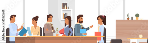 Business People Group Meeting Discussing Office Desk Businesspeople Working Brainstorming Flat Vector Illustration
