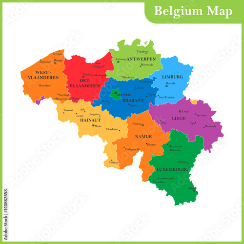 The detailed map of the Belgium with regions or states and cities  capitals