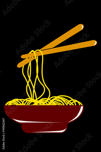 doodle Noodle at bowl and Chopstick, at Black Background 