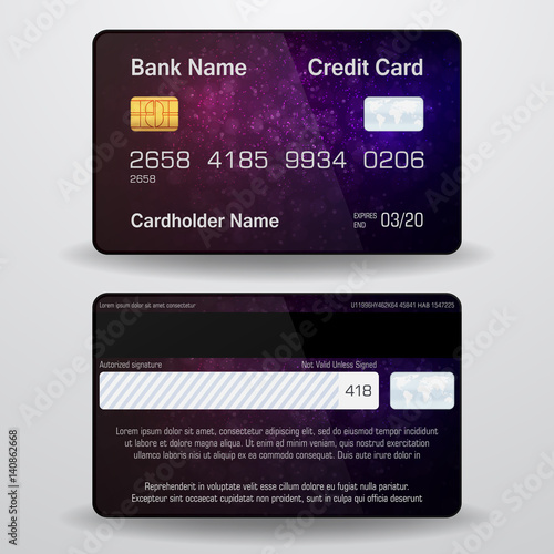 Detailed realistic vector credit card. Front and back side. Money, payment symbol