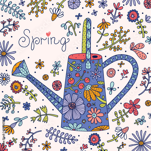 Spring card with flowers and a watering can.