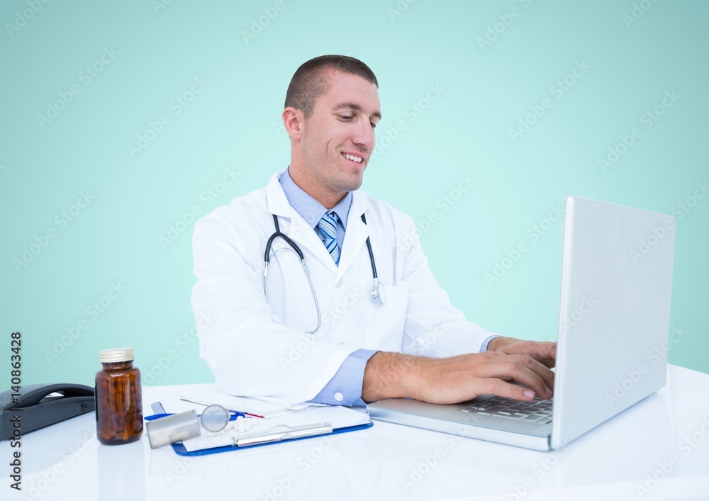 Doctor using laptop against blue background Doctor using laptop against blue background