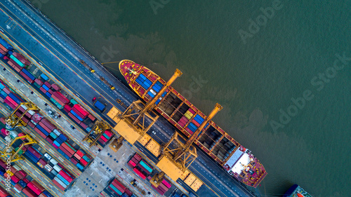 Container ship in import export and business logistic by industry crane in the city, business logistic and transportation of International by container ship in the open sea. 