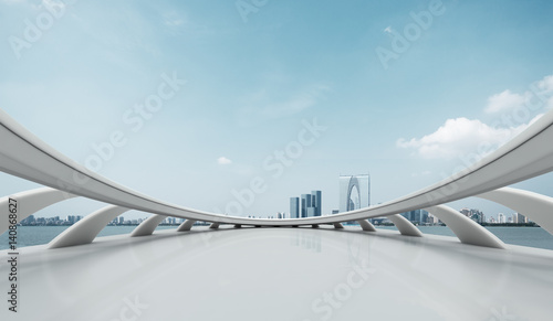 empty brick floor and cityscape of modern city photo