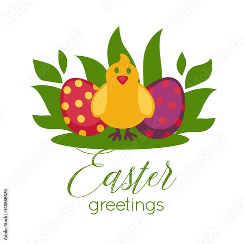 Easter greeting card vector paschal eggs and chick