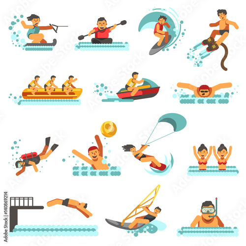 Water sport summer activities vector flat icons set