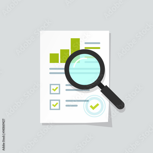Sales growth report, analytics, investigation, boosted sales graph analytics data, research icon vector, analysis on paper sheet document via magnifier, statistics result with chart analyzing, audit