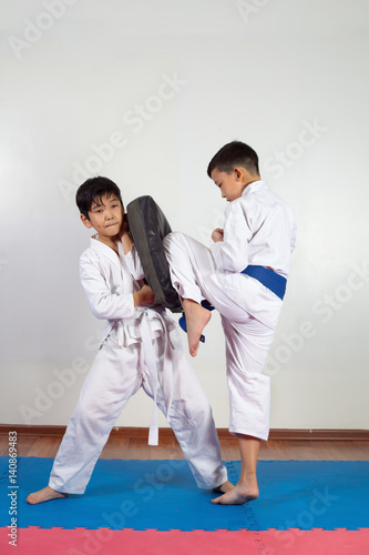 Two boys demonstrate martial arts working together photo