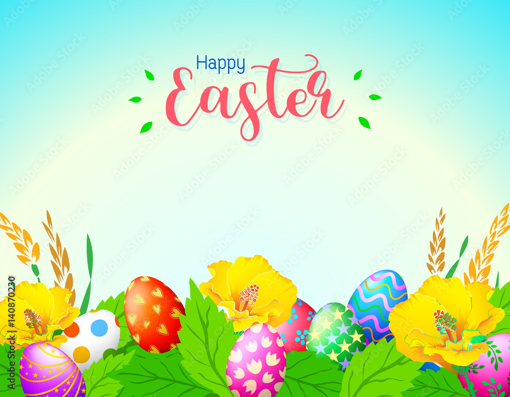 Easter eggs with flower and nature background. Nice decoration for Easter time. Illustration.
