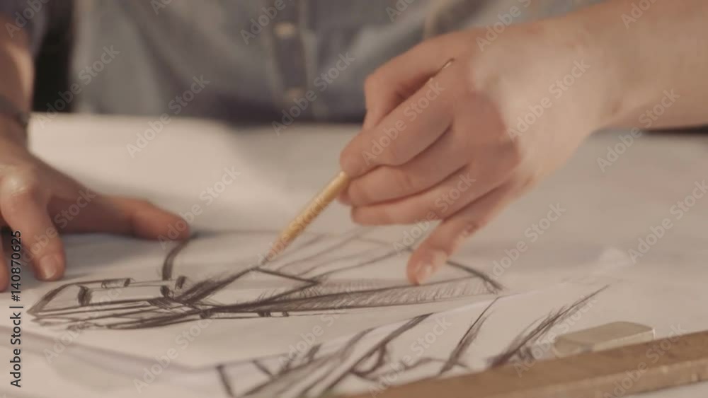 Designer draw sketches in the Studio. attractive women working and smiling. Workspace designer. White sheet of paper, pencils Designer draw sketches in the Studio. attractive women working and smiling. Workspace designer. White sheet of paper, pencils